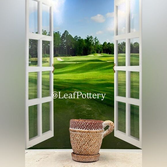 Brown Rattan Mug Stone Planter Pot with Saucer Included - Picture 10 of 10